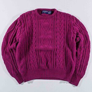 Vintage 90s Van Heusen Cable Knit Sweater Medium USA Chunky Fisherman Burgandy